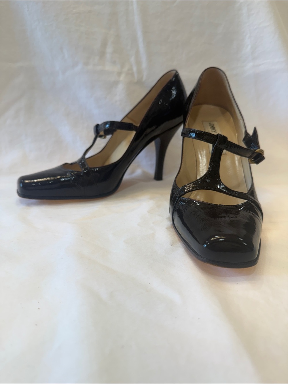 Jimmy Choo Black Patent Leather T-Strap Pumps